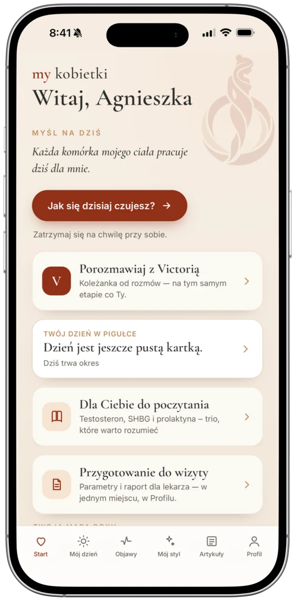 Ekran startowy aplikacji MyKobietki: powitanie, myśl na dziś, przycisk „Jak się dzisiaj czujesz?”, twój dzień w pigułce, artykuł do poczytania i przygotowanie do wizyty